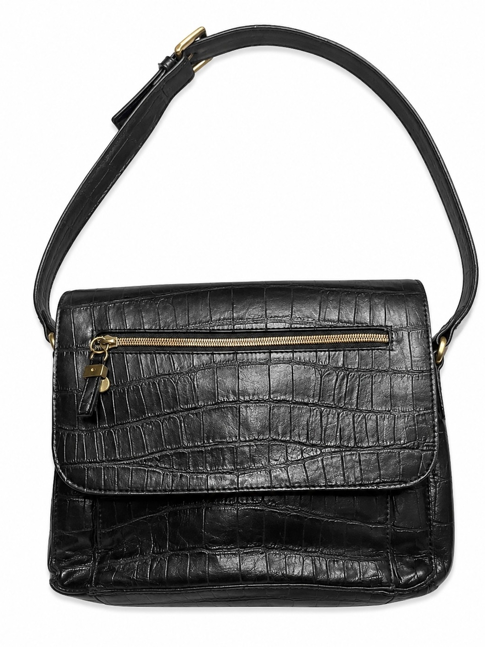 Relic Black  Faux Leather Croc Embossed Shoulder Bag Purse Gold-Tone Flap